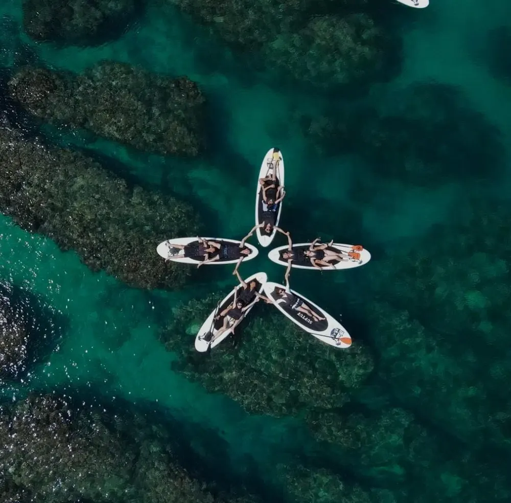 空拍:五塊 SUP 立槳板在綠色海面上排成星形